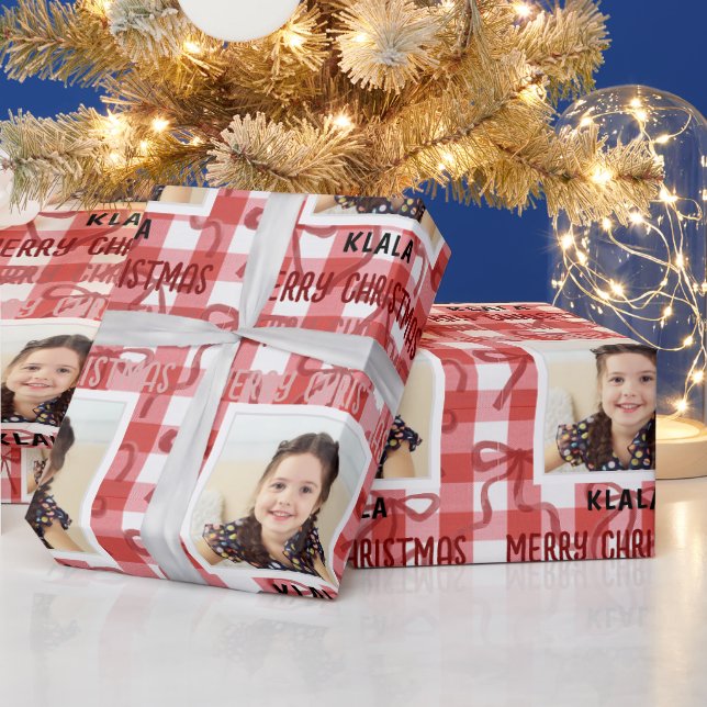 Papier Cadeau Customizable Photo & Name Christmas Check Ribbon (Vacances)