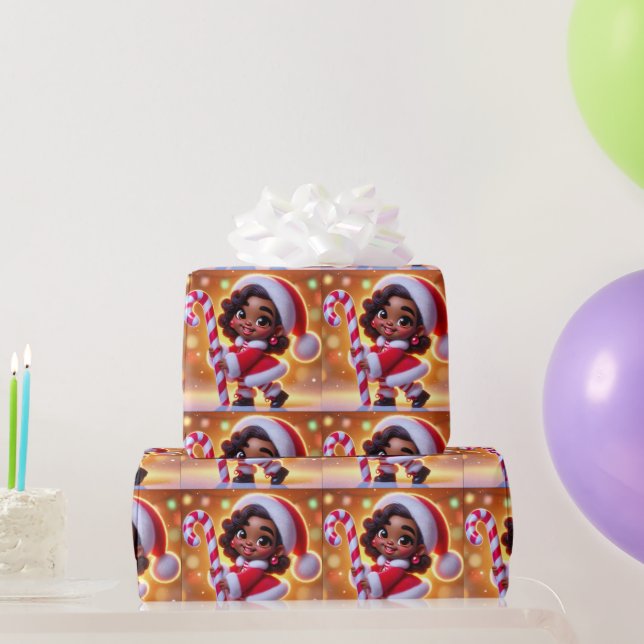 Papier Cadeau Cute African American Girl in Santa Attire (Cadeaux de fête)