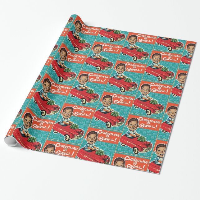 Papier Cadeau Cute Amusante Voiture De Jouet De Noël Rétro Vinta (Déroulé)