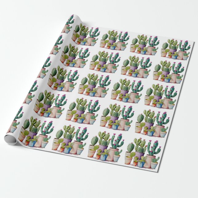 Papier Cadeau Cute aquarelle cactus succulents dans les pots (Déroulé)