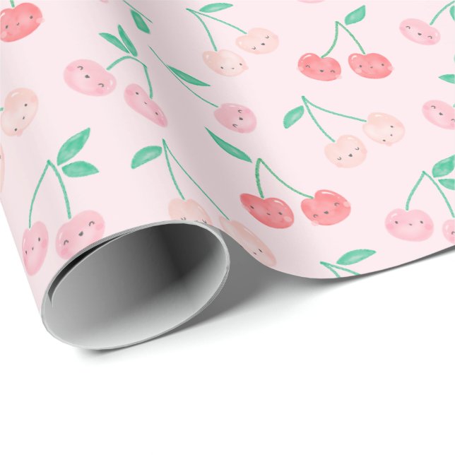 Papier Cadeau Cute Aquarelle Cerises dans les tons roses (Coin rond)