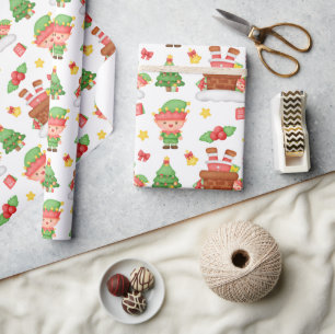 Papier Cadeau Cute aquarelle Elf Père Noël Holly Berries Noël