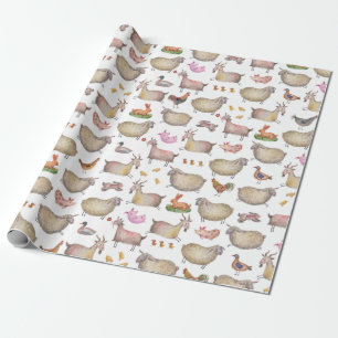 Papier Cadeau Cute Aquarelle ferme Grange Animaux Motif