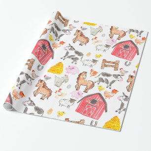 Papier Cadeau Cute Aquarelle Ferme rustique Barnyard Animaux Gra