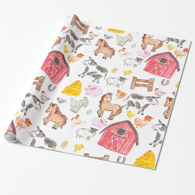 Papier Cadeau Cute Aquarelle Ferme rustique Barnyard Animaux Gra (Déroulé)
