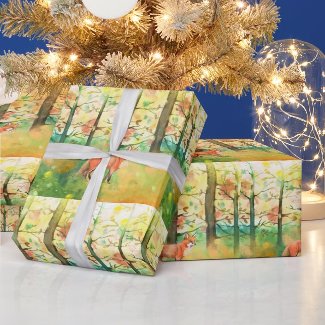 Papier Cadeau Cute aquarelle Fox animal automne Feuilles automna (Vacances)