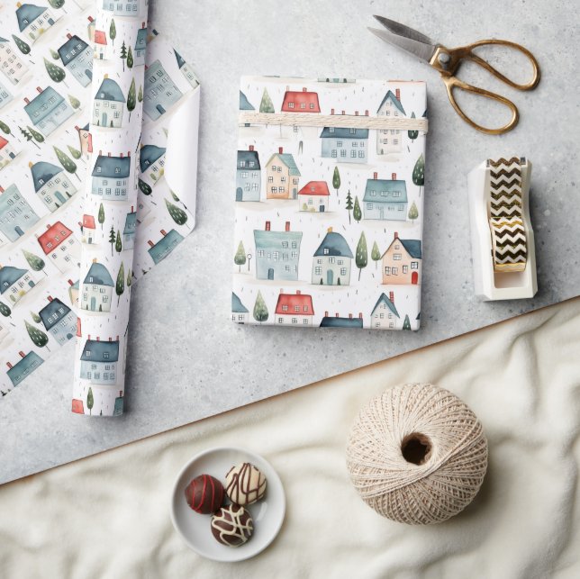 Papier Cadeau Cute Aquarelle Maisons Motif (Artisanat)