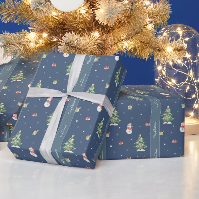 Papier Cadeau Cute aquarelle Snowman Motif Bleu Noël (Vacances)