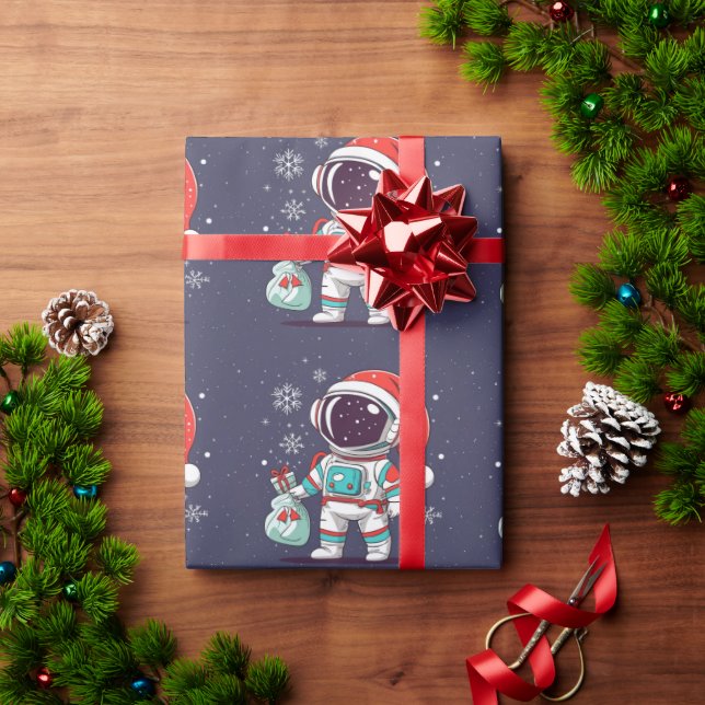 Papier Cadeau Cute Astronaut Avec Casquette De Noël En Galaxie (Cadeau de vacances)