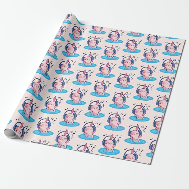 Papier Cadeau Cute Axolotl Écouter De La Musique (Déroulé)