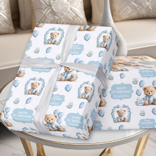 Papier Cadeau Cute Bear Blue Boy Anniversaire Nom Papier d'envel