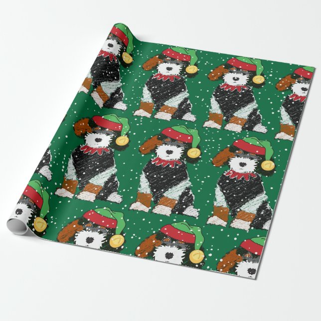 Papier Cadeau Cute Bernedoodle Mountain Dog Green (Déroulé)