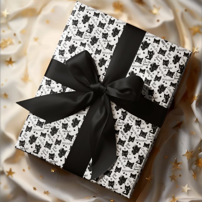 Papier Cadeau Cute Black Cats et Motif des paroles (Cute Black Cats and Sayings with Hearts Pattern Wrapping Paper for Cat Lovers and Halloween)