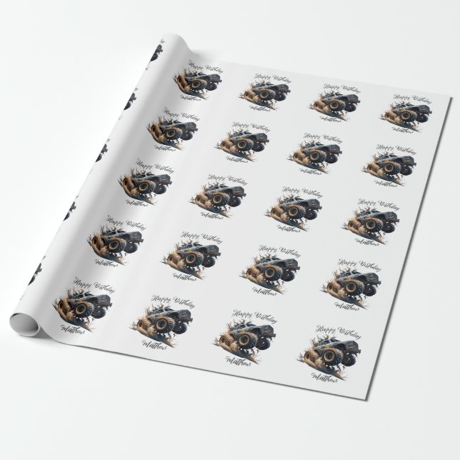 Papier Cadeau Cute Blue Brown Race Monster Camion Enfants Annive (Déroulé)