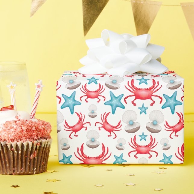 Papier Cadeau Cute Blue Coastal Seaside Crab & Shell Motif (Fête d'anniversaire)