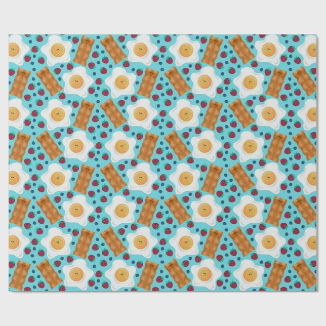 Papier Cadeau Cute Blue Eggs Bacon Strawberries Blueberries  (Plat)