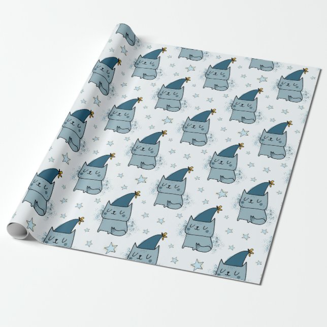 Papier Cadeau Cute Blue Kitty Chat Enfants Noël (Déroulé)