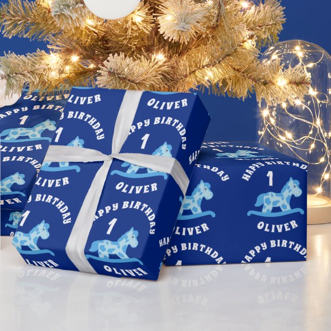 Papier Cadeau Cute Blue Rocking Horse Boy 1er Anniversaire (Vacances)