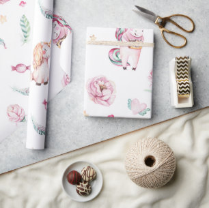 Papier Cadeau Cute boho rose licorne baby shower floral