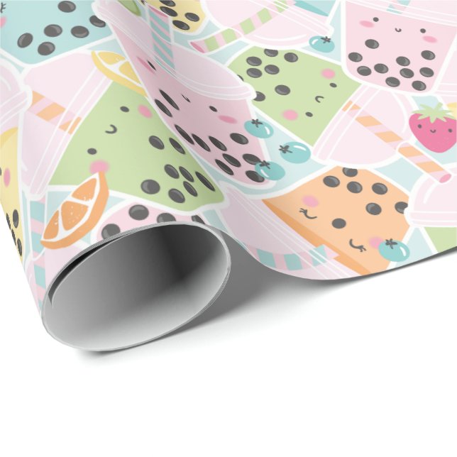 Papier Cadeau Cute bondée Bubble Tea pastel kawaii (Coin rond)
