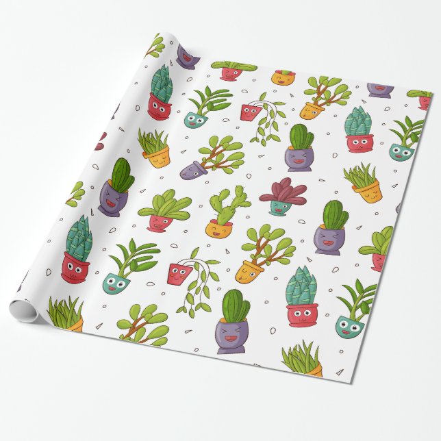 Papier Cadeau Cute Cactus Nature Succulents Motif (Déroulé)