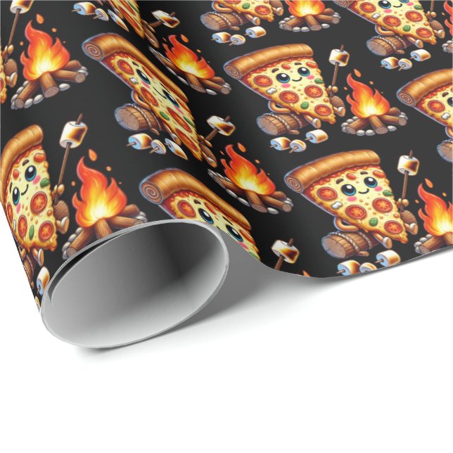 Papier Cadeau Cute carrelée pizza bonfire ou fête de camping (Coin rond)