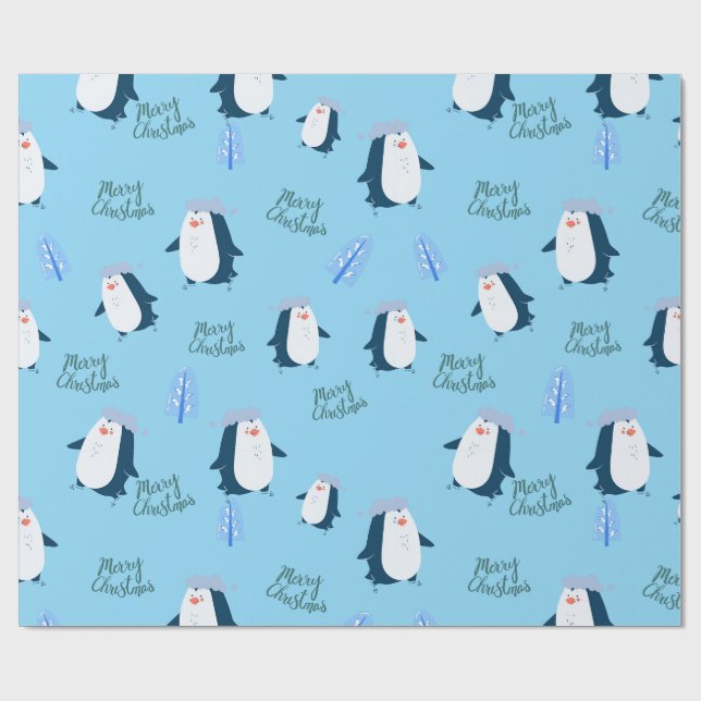 Papier Cadeau Cute Cartoon Penguin Merry Christmas  (Plat)