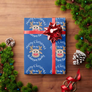 Papier Cadeau Cute Cartoon Reindeer Motif Fun Blue Nom