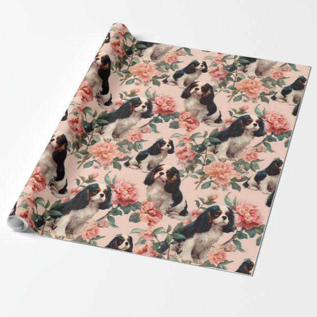 Papier Cadeau Cute Cavalier King Charles Floral Pattern (Déroulé)