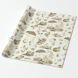 Papier Cadeau Cute champignons Frog Snail Forest Beige Motif