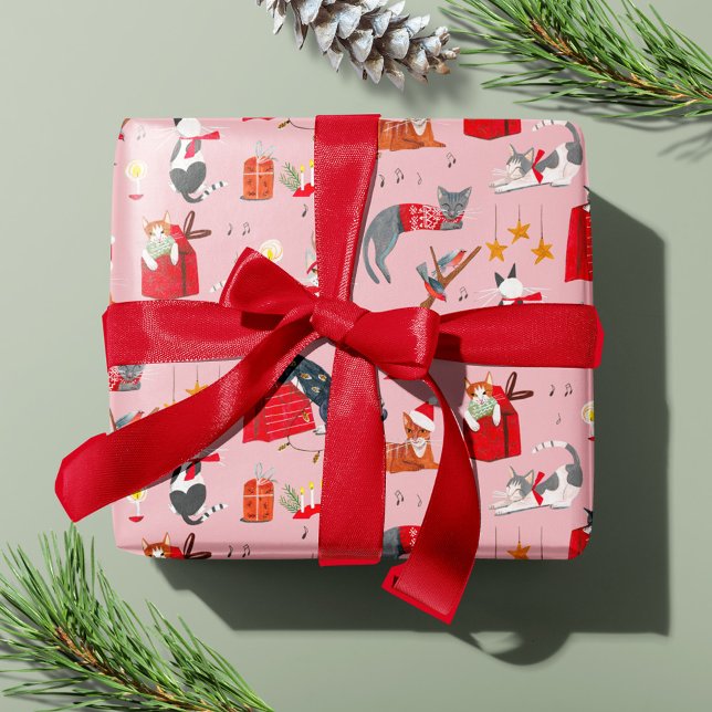 Papier Cadeau Cute Chat Rose Retro motif de Noël (Cute Cat Pink Retro Christmas pattern Wrapping Paper)