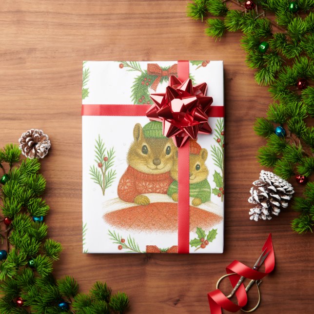 Papier Cadeau Cute Chipmunk with Pine Christmas (Cadeau de vacances)