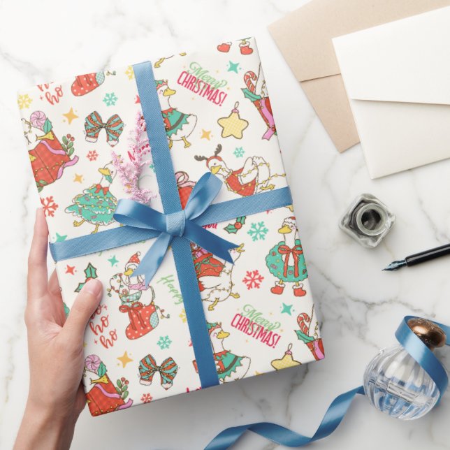 Papier Cadeau Cute Christmas Goose Illustration Pattern Ivory (Cadeaux)