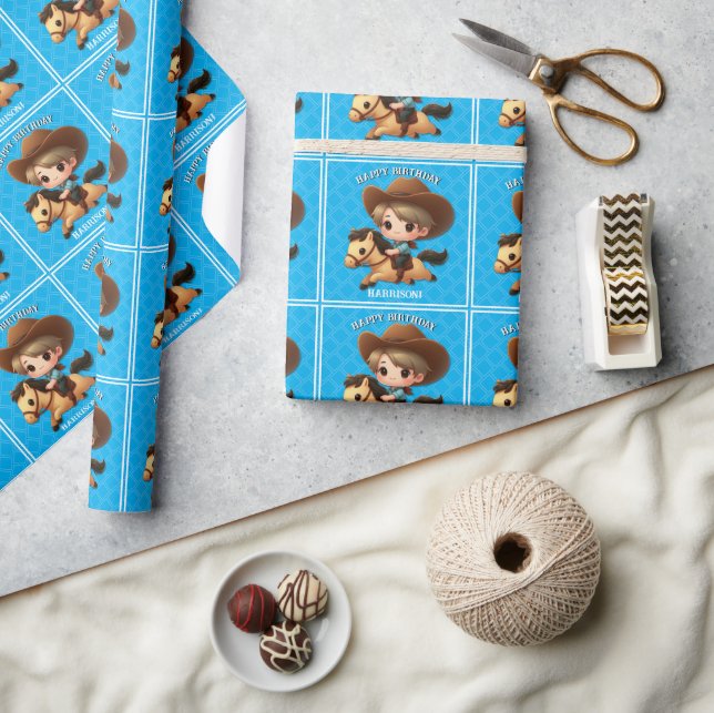 Papier Cadeau Cute Cowboy et Horse Western Anniversaire Bleu (Artisanat)