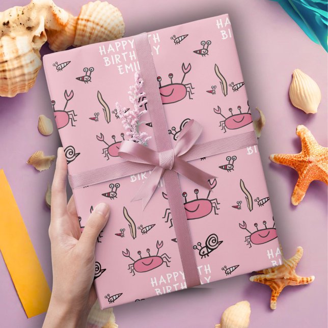 Papier Cadeau Cute Crabe Rose Animaux de mer Fille Joyeux Annive (Créateur téléchargé)