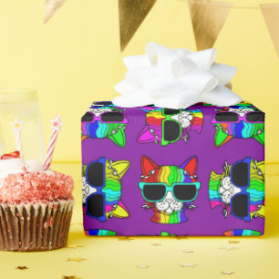 Papier Cadeau CUTE Crazy Coloré Cool Rainbow Cats sur violet