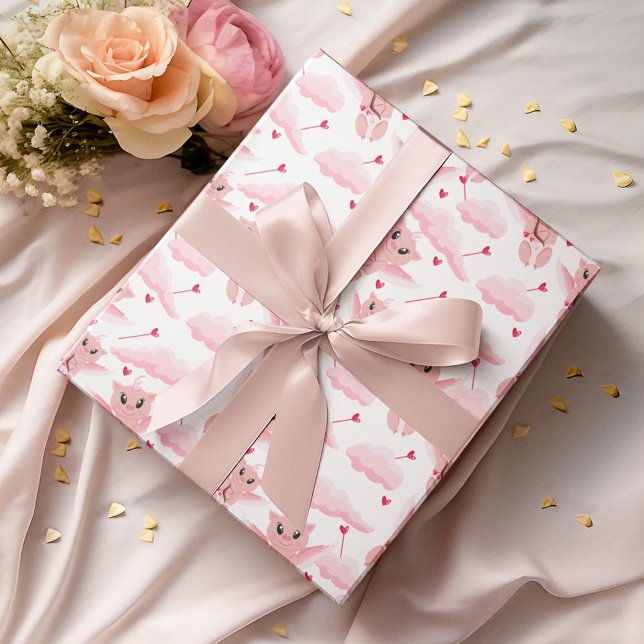 Papier Cadeau Cute Cupid avec ailes roses Motif Saint-Valentin (Créateur téléchargé)
