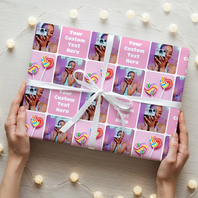 Papier Cadeau Cute Custom 3 Photo Modern Retro Pink Trendy (Créateur téléchargé)