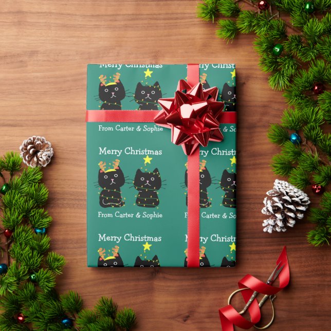Papier Cadeau Cute deux chats Joyeux feux de Noël Personnalisé (Cadeau de vacances)