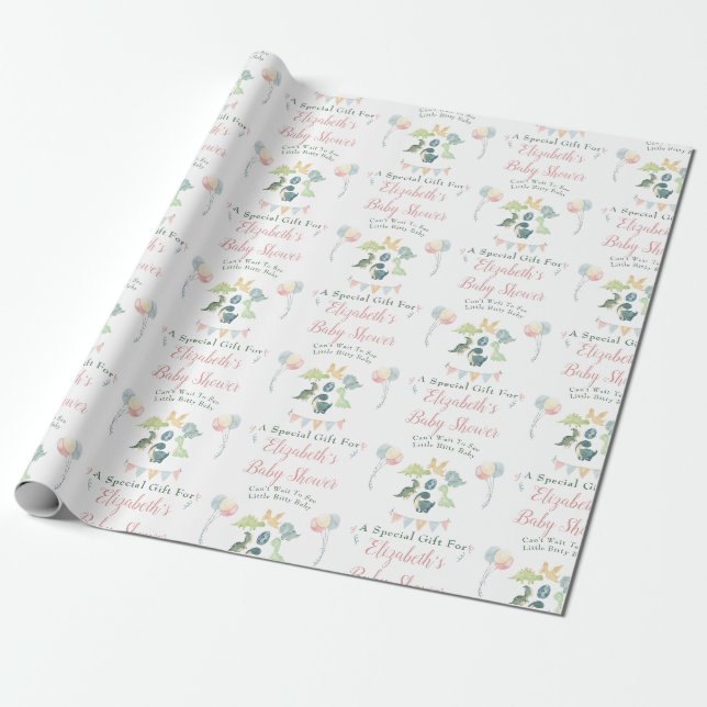 Papier Cadeau Cute Dinosaur Aquarelle Baby shower Personnalisé (Déroulé)