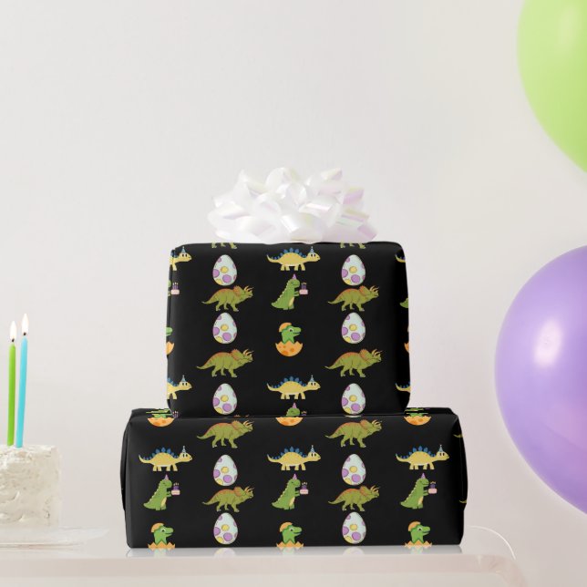 Papier Cadeau Cute Dinosaur noir vert orange Motif de dessin ani (Cadeaux de fête)