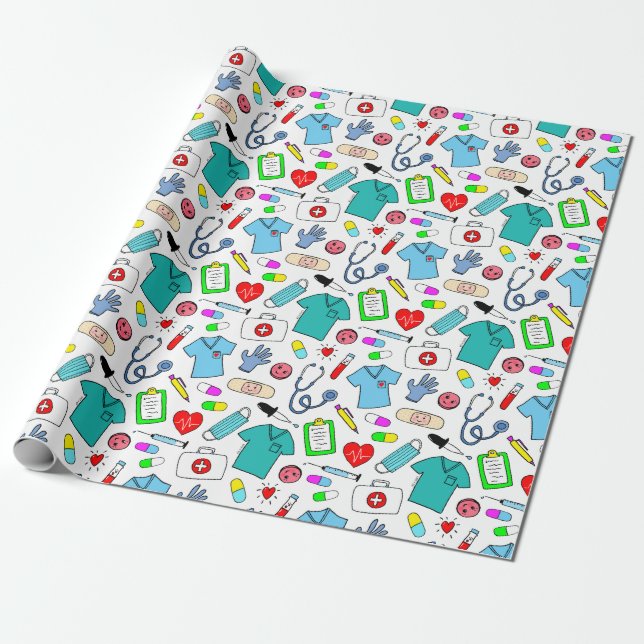 Papier Cadeau Cute Doctor Nurse Médicale Fournitures Motif (Déroulé)