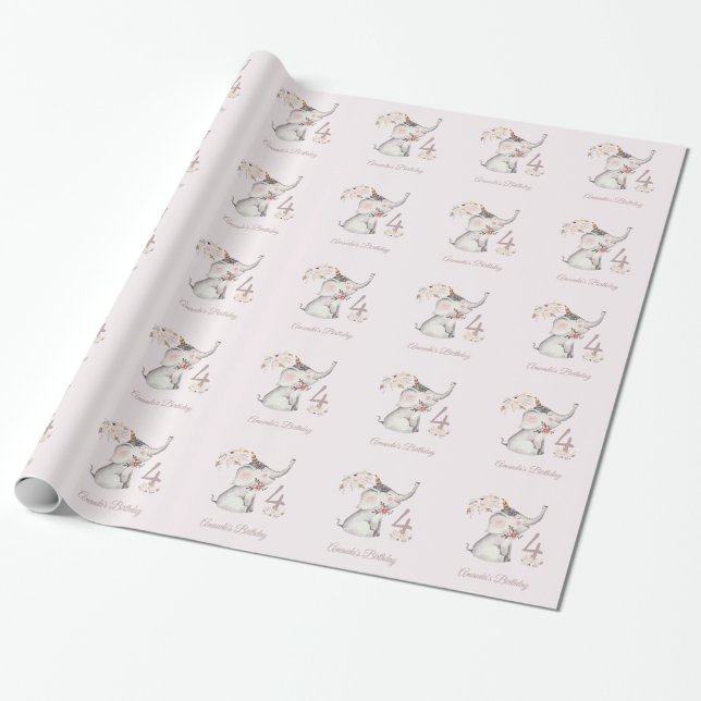 Papier Cadeau Cute Elephant Boho Floral Personnalisé Année d'ann (Déroulé)