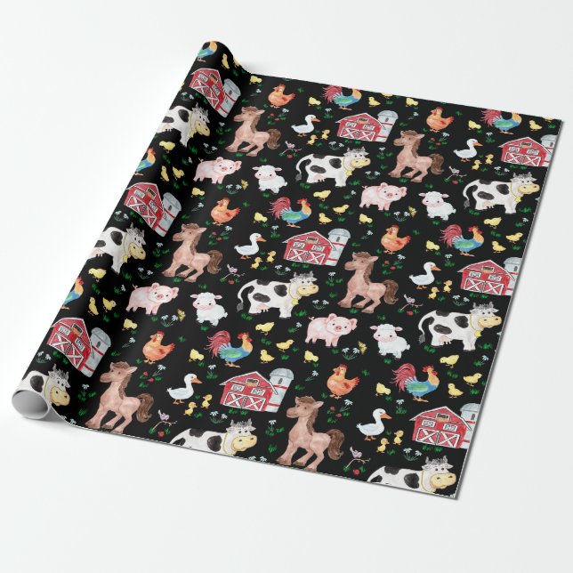 Papier Cadeau Cute Farm Animaux Barnyard Noir (Déroulé)