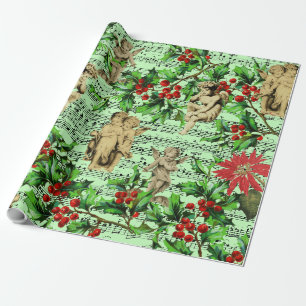 Papier Cadeau Cute Festive Vintage Angel Cherubs Holly Noël