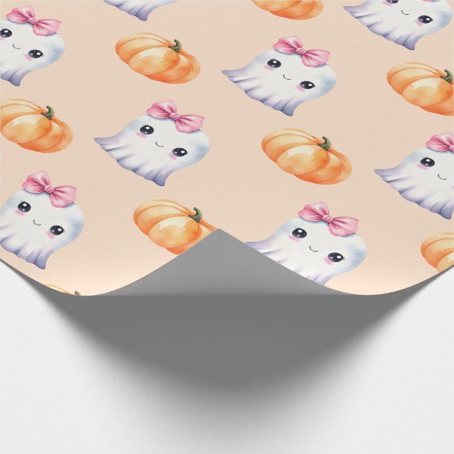 Papier Cadeau Cute Fille Fantôme Citrouille Aquarelle rose Hallo (Coin)