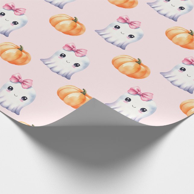 Papier Cadeau Cute Fille Fantôme Citrouille Aquarelle rose Hallo (Coin)