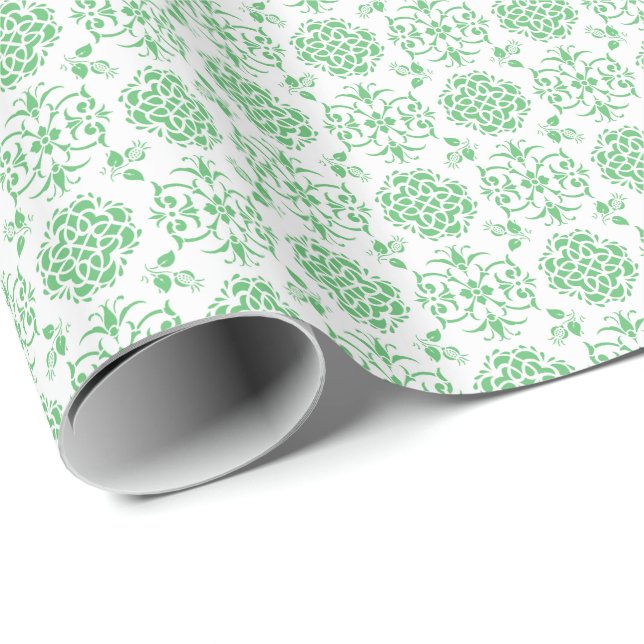 Papier Cadeau Cute Floral Damask Stylie Motif vert et blanc (Coin rond)