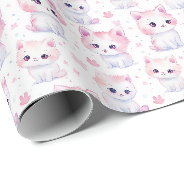 Papier Cadeau Cute Fluffy Kittens rose (Coin rond)