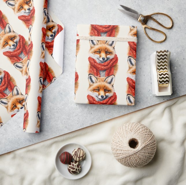 Papier Cadeau Cute Fox in a Red Scarf Autumn Pattern (Artisanat)